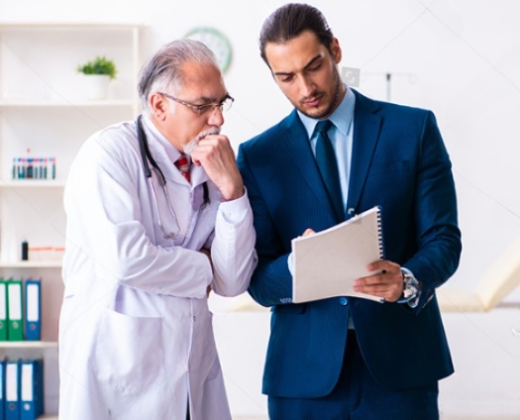 Two men discussing medical notes.